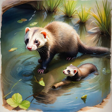 Ferret mom and baby, bading in water