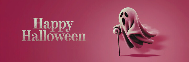 white ghost isolated with happy halloween text on plain pink background