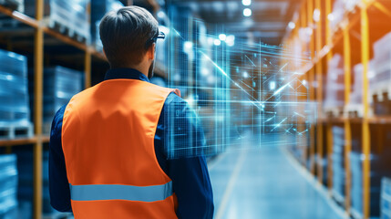 A warehouse operator in a bright vest walking through a high-tech storage area with holographic screens displaying efficiency scores, inventory details, and logistics tracking, war