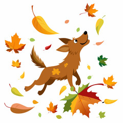Dog Leaping Through Autumn Leaves - A Playful Dog Amidst a Whirlwind of Colorful Fall Foliage on a White Background art vector illustration
