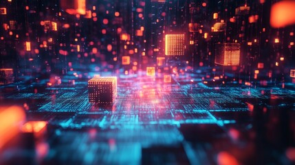 Obraz premium The art of abstract effects. Glare cubes. Digital CPU signal. Shine grid. Modern big data. Neon flares. Quantum computer networks. Magic code. Web device. Blocks system