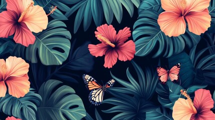 With flowers leaves butterflies floral pattern in hibiscus dark vintage botanical background, premium seamless tropical wallpaper for wallpaper paper clothing