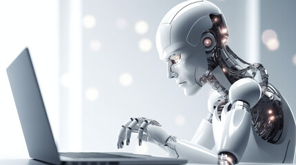 Fototapeta premium Ai robot using tablet isolate on a white background 