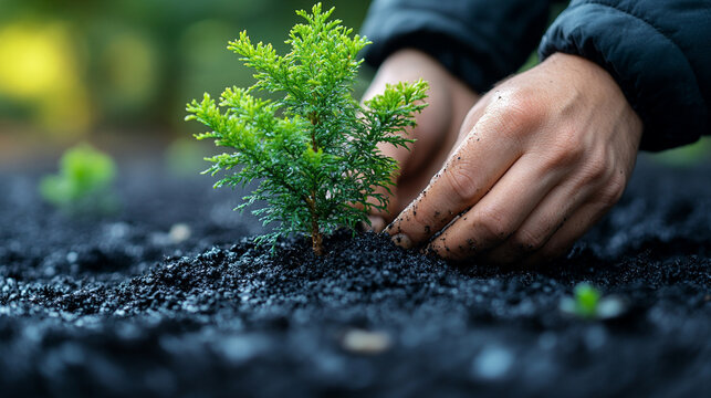 hands planting a fir tree sapling in the soil, bathed in warm sunlight. Symbolizes growth, renewal, and hope for the future, connecting humans with nature's nurturing cycle
