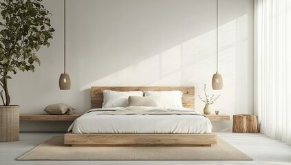 Minimalist bedroom with wooden bed and natural light.