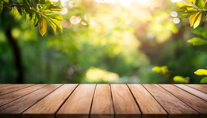 empty wooden table, with blur garden background, natural sunlight
