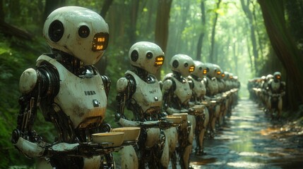 Fototapeta premium A line of robots march through a forest, holding bowls in their hands