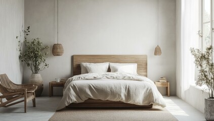 Minimalist bedroom with wooden bed and white linens.