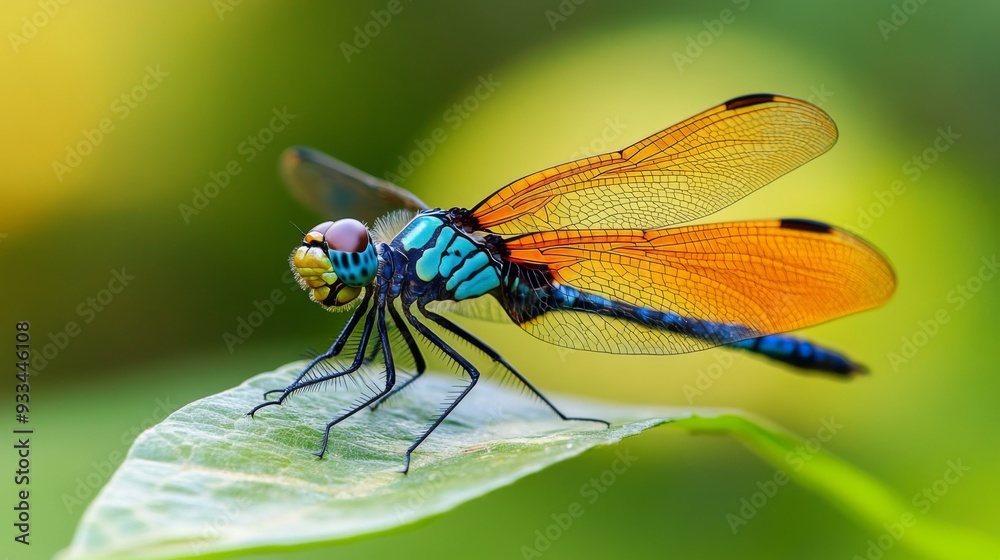 Poster High-definition shot of a dragonfly resting on a leaf, with a focus on its intricate wing patterns and colorful body, set against a natural backdrop.