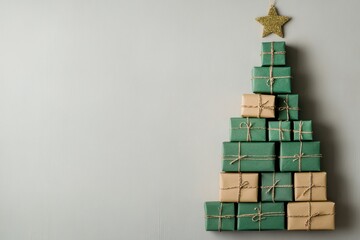 3D Christmas tree made of stacked gift boxes on light background, top view, green palette.