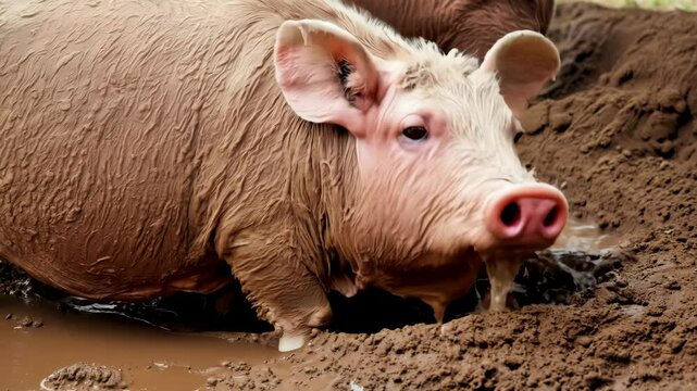 Pig Rolling in Mud in Pigsty with Joyful Expression