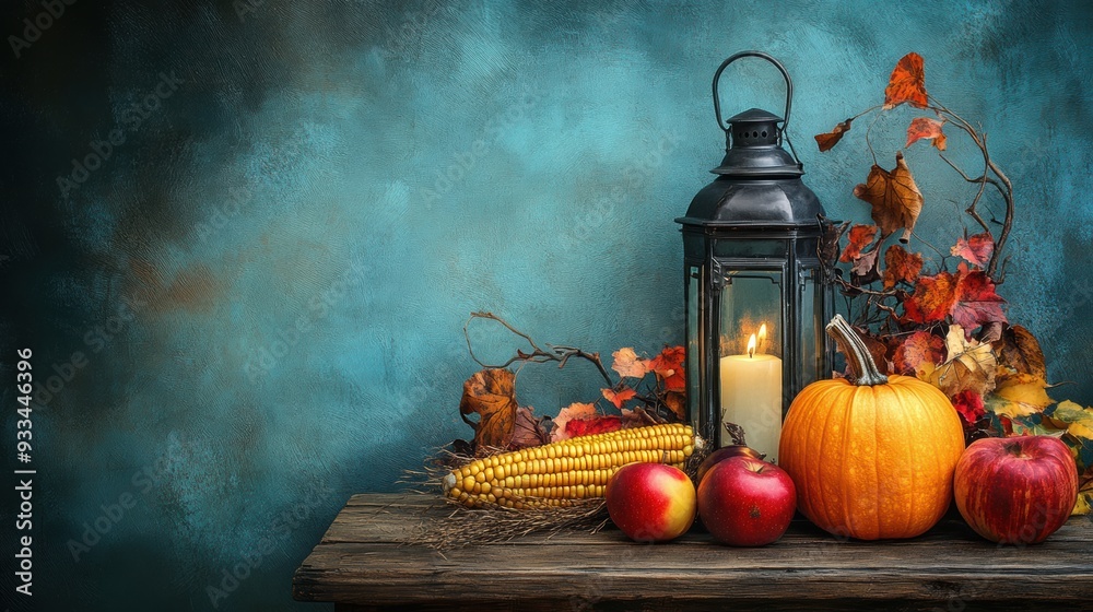 Sticker A table with a lantern, corn and apples on it, AI