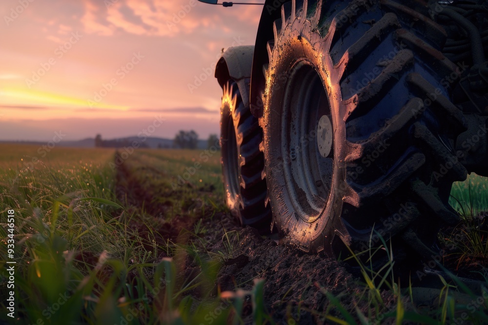 Poster a tractor sits in a field with a beautiful sunset in the background