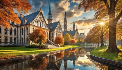 Peaceful canal reflecting ancient Gothic university buildings in autumnal hues.
Historic university campus bathed in warm sunset glow, reflected in a serene canal.