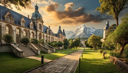 Fototapeta premium Peaceful canal reflecting ancient Gothic university buildings in autumnal hues. Historic university campus bathed in warm sunset glow, reflected in a serene canal.