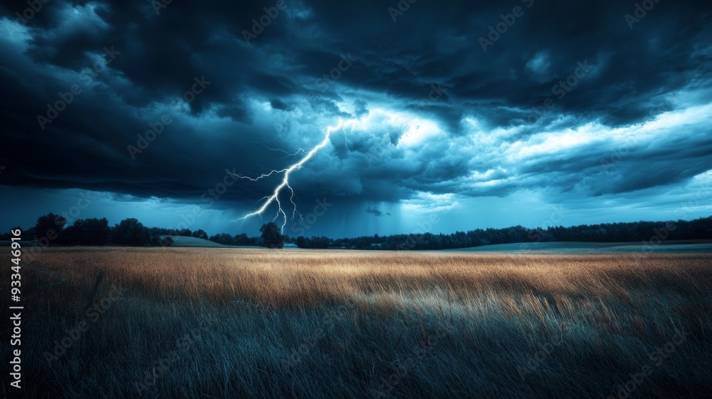 Poster high-definition shot of a lightning storm over a rural landscape, with dark clouds and bright lightn