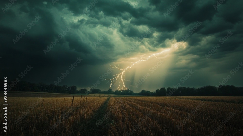 Poster high-definition shot of a lightning storm over a rural landscape, with dark clouds and bright lightn