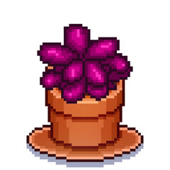 Pixelated flowers in pots, each with vibrant, blocky colors and simple, retro-style designs.	
