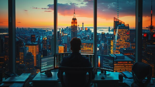 A sophisticated and focused scene of a solitary male trader working in a brightly lit, modern office. 