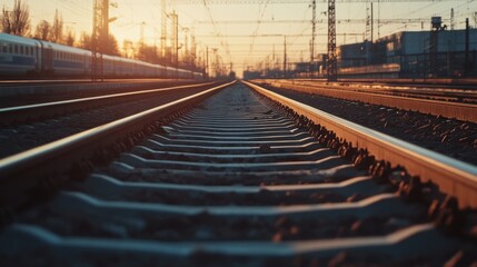 Obraz premium High-definition shot of a railway track with a train approaching in the distance, capturing the movement and the structure of the tracks.