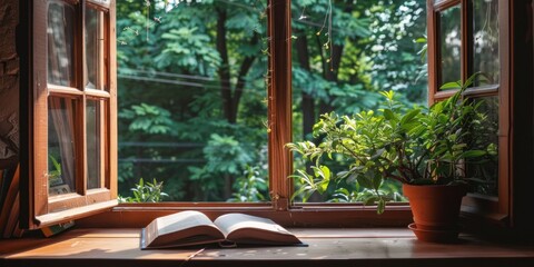 Open window with potted plant and book on wooden windowsill overlooking garden. © Tasnim