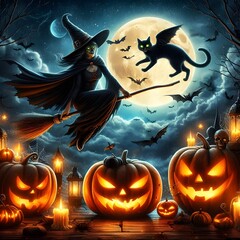 Halloween background with pumpkins and witch in front for wish card 
