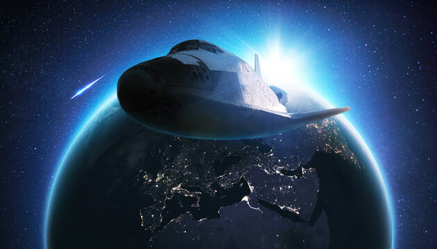 Rocket with blue sunlight lift off. Space shuttle takes off into space on a background of blue planet earth with amazing sunset. Successful start of a space mission. Travel to Mars