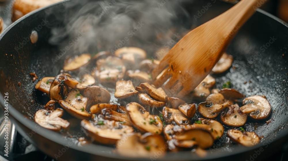 Poster High-definition shot of a shiitake mushroom being saut in a pan, capturing the sizzling action and the golden-brown color developing on the mushrooms.