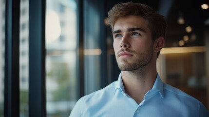 Obraz premium High-definition shot of a young businessman in a stylish office, looking out of a window with a thoughtful expression, showcasing contemplation and leadership.