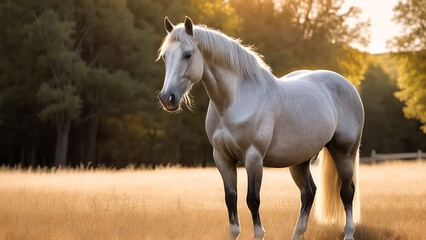 Obraz premium gray horse standing in a field, sunset light