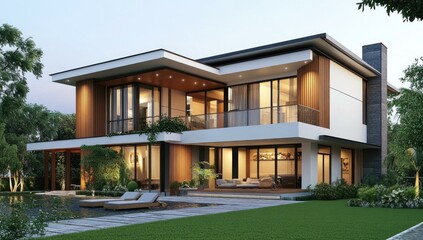 Obraz premium Modern house with pool and landscaping.