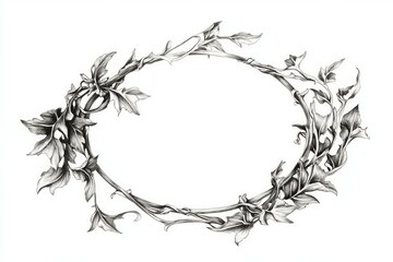 an ivy vine oval frame. Ink drawing in white background