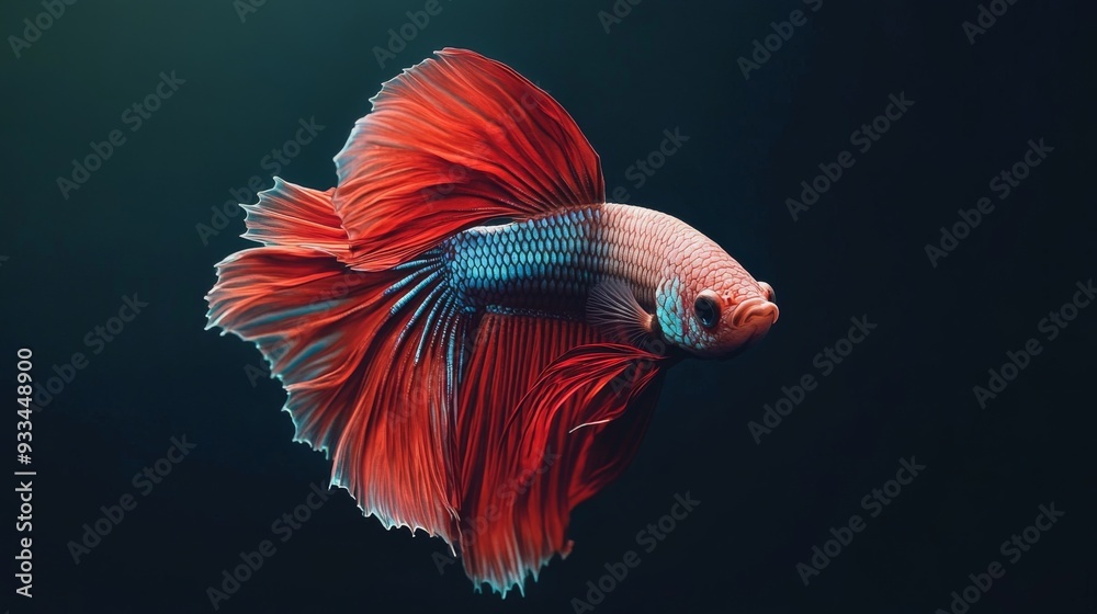 Poster high-resolution close-up of a betta fish with a striking color contrast against a minimalist, dark-c
