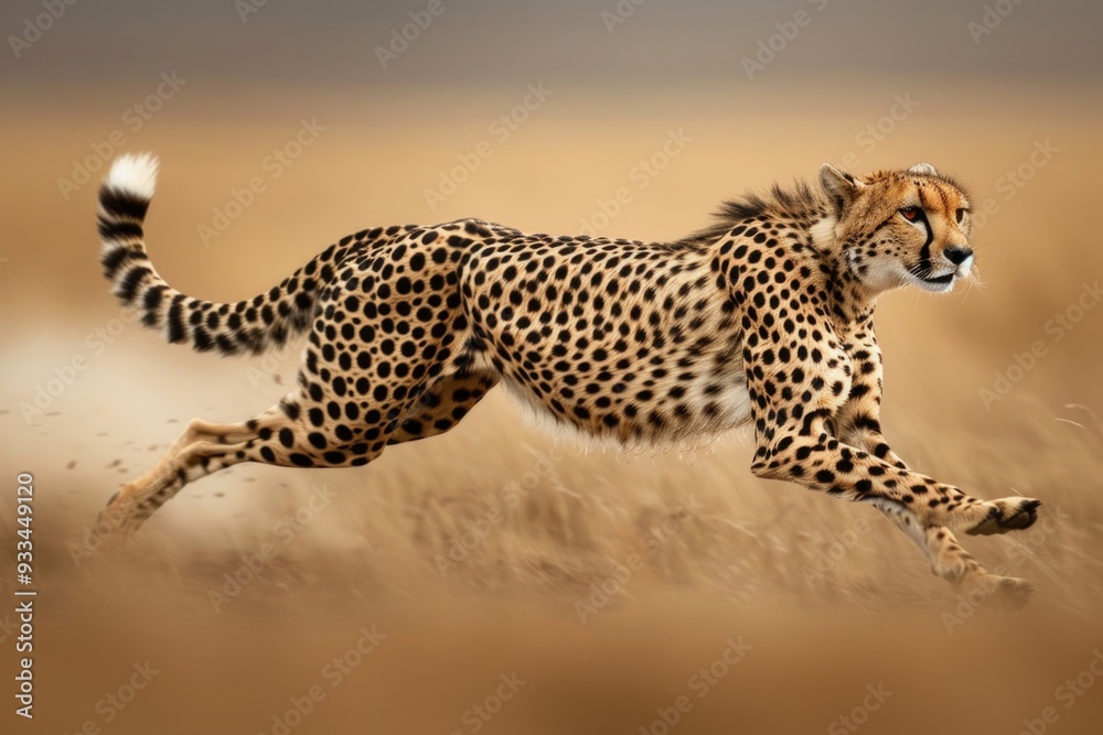 Poster a cheetah runs swiftly across a parched grassy area