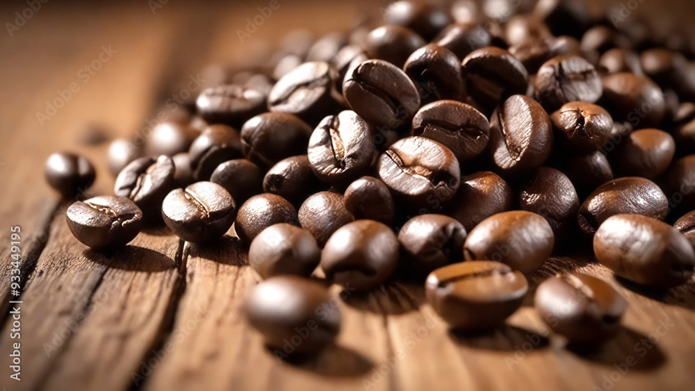 Wall mural coffee beans spilling on rough wood, closeup