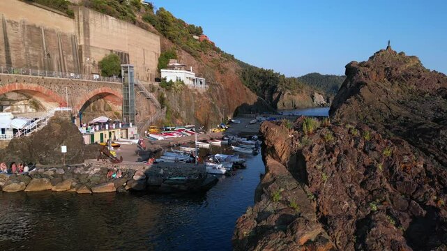 Europe, Italy, Framura is a little sea village in Liguria close to 5 terre ( five island )  - drone aerial view of mediterranean coast - natural harbour and beach 