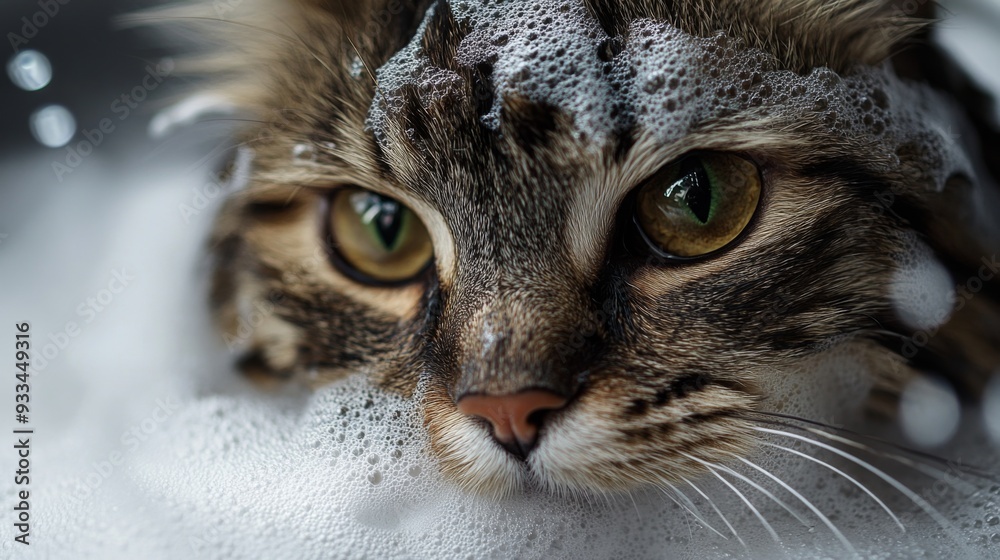 Poster high-resolution close-up of a cat's head and shoulders during bath time, with soap bubbles and water