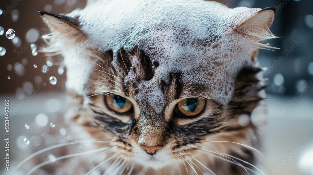 Poster high-resolution close-up of a cat's head and shoulders during bath time, with soap bubbles and water