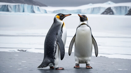 Obraz premium snowy valley with emperor penguins, closeup