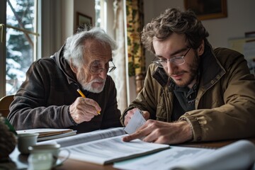 Two executives discussing documents at a desk