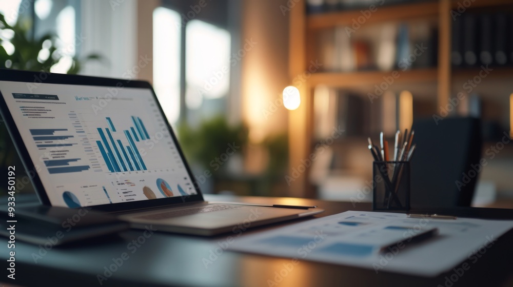 Aufkleber High-resolution close-up of a financial report with graphs and charts, showcasing detailed analysis and data visualization on a modern desk.