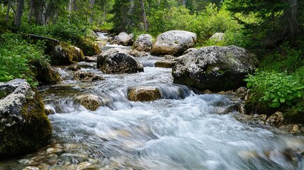 Obraz premium Pristine Alpine Stream Flowing Over Smooth Rocks, Surrounded by Moss-Covered Boulders and Tall Evergreen Trees. AI generated illustration