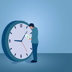 A man looks at a price tag on a large clock, an illustration of buying time.