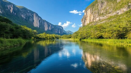 Clear River Meandering Through a Lush Green Valley with Majestic Cliffs and Reflections of a Deep Blue Sky. AI generated illustration