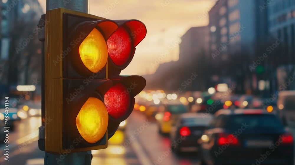 Poster High-resolution close-up of a traffic light in the process of changing from yellow to red, capturing the transition and the surrounding traffic.