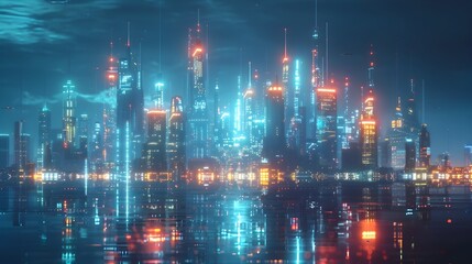 Naklejka premium Futuristic Skyline of Smart City with Holographic Communication Devices