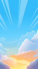 Fototapeta premium Vector evening sky clouds. Anime style background with shining sun and white fluffy clouds. Sunny day sky scene cartoon vector illustration.