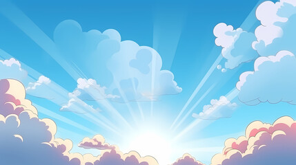 Fototapeta premium Vector evening sky clouds. Anime style background with shining sun and white fluffy clouds. Sunny day sky scene cartoon vector illustration.