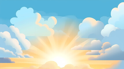 Fototapeta premium Vector evening sky clouds. Anime style background with shining sun and white fluffy clouds. Sunny day sky scene cartoon vector illustration.