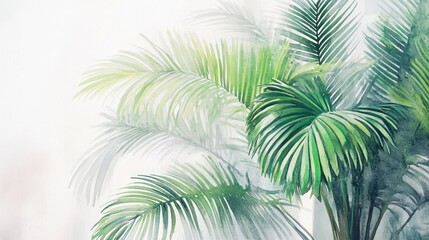 Palm with lush green foliage set against a backdrop of a white modern building Watercolor illustration